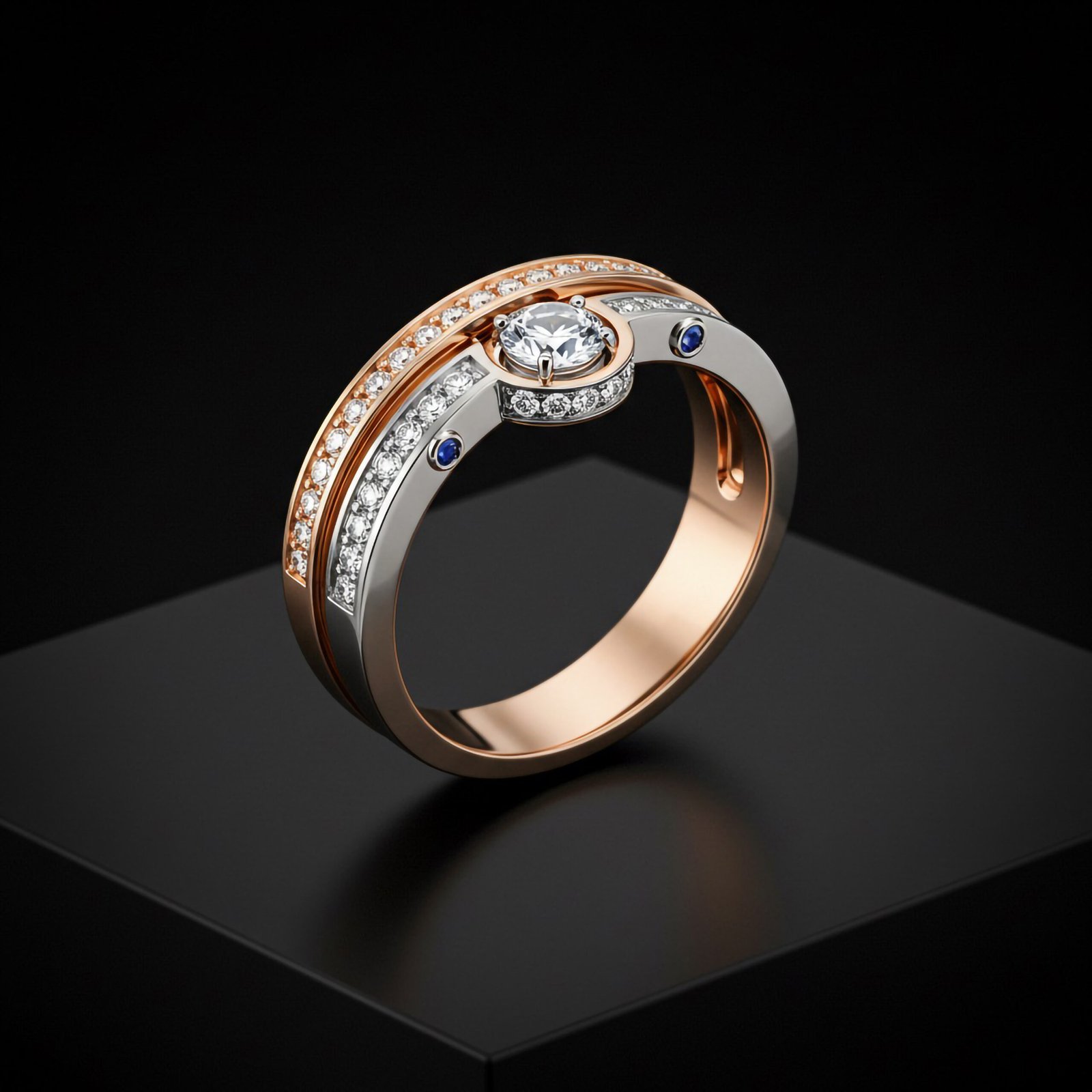 Harmony Duo Ring Two-Tone Rose Gold and 925 Silver Band | Bezel-Set Round Zircon and Blue Gemstone Accents | Modern Elegant Jewelry