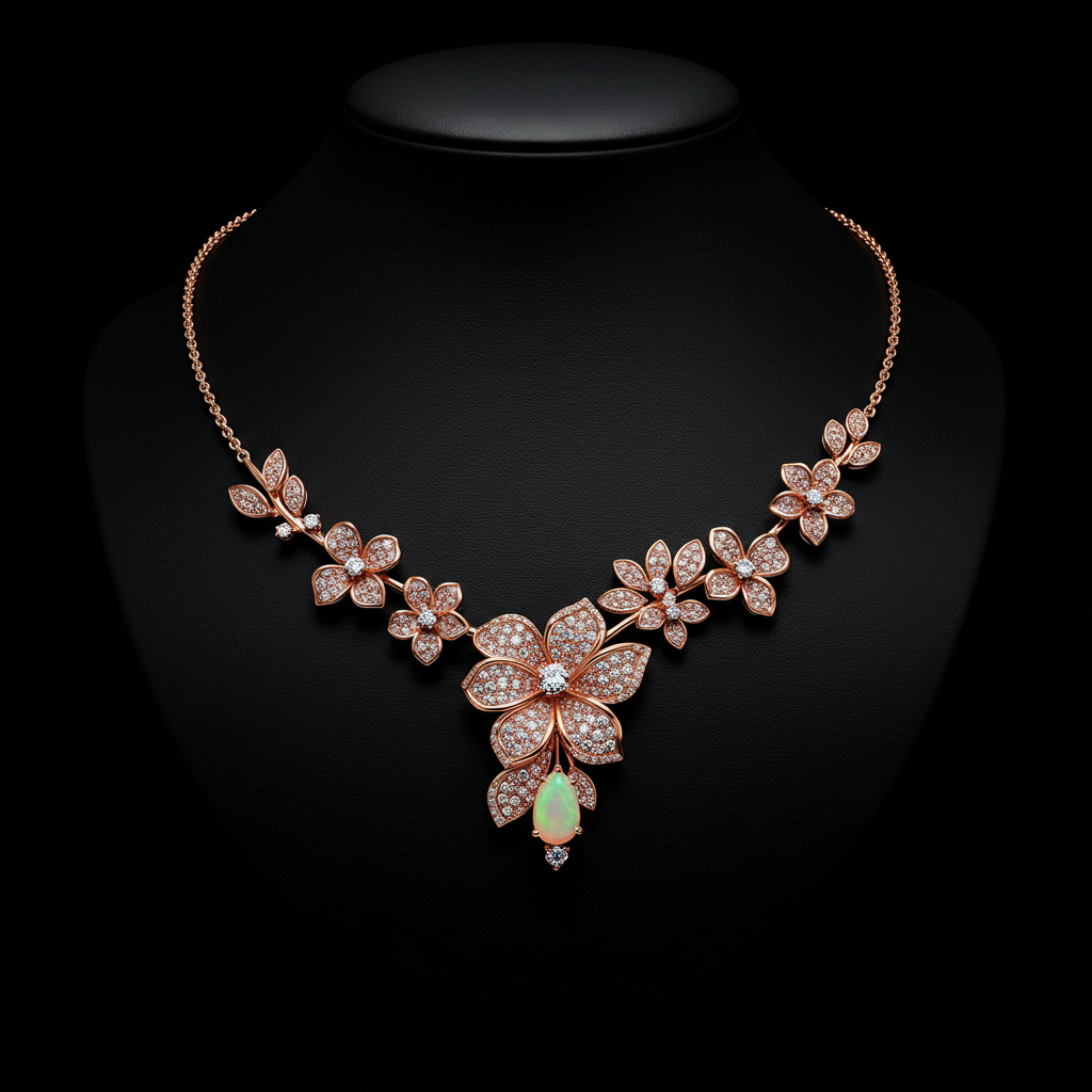 Enchanted Opal Bloom Necklace 18K Rose Gold Plated 925 Silver | Floral Cluster Pendant with Teardrop Opal | Zircon-Adorned Statement Jewelry