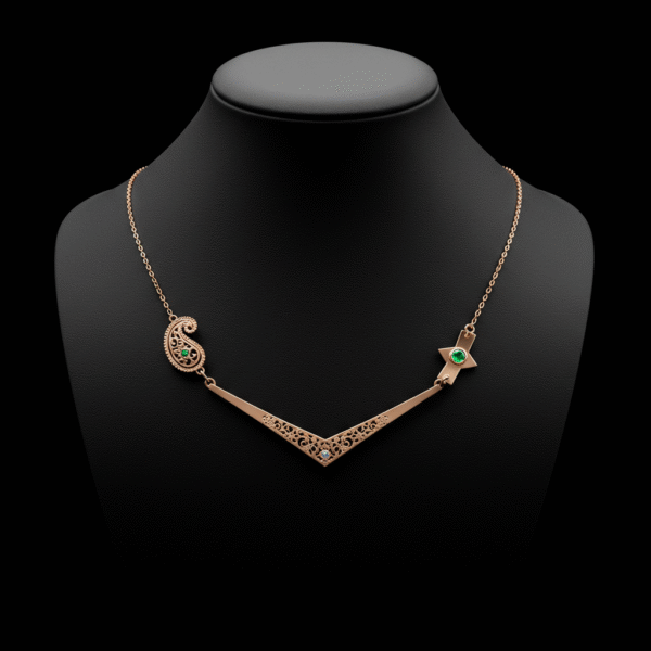 Paisley and Stars Necklace – 18K Rose Gold Plated 925 Silver | Green Gemstone Statement Pendant | Cultural Jewelry Modern Bridal Gift